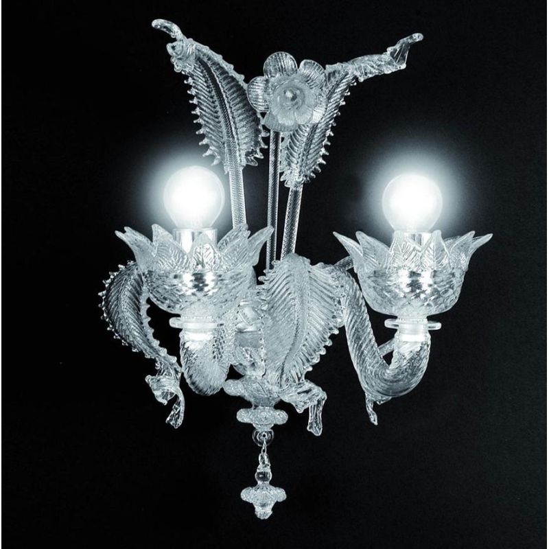 MURANO APPLIQUE 2 LUCI IN VETRO DI MURANO TRASPARENTE O CON FINITURA IN ORO 24K LAVORATO A MANO MADE IN ITALY