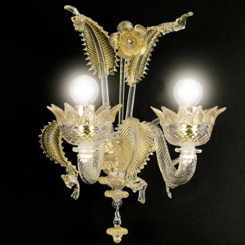 MURANO APPLIQUE 2 LUCI IN VETRO DI MURANO TRASPARENTE O CON FINITURA IN ORO 24K LAVORATO A MANO MADE IN ITALY