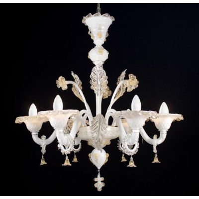 CANAL SAN PIETRO LAMPADARIO 6 LUCI IN VETRO DI MURANO BIANCO LAVORATO A MANO CON FINITURE AMBRA MADE IN ITALY