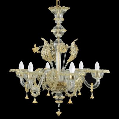 GRAN CANAL RIGADIN LAMPADARIO 6 LUCI IN VETRO DI MURANO LAVORATO A MANO CON FINITURE IN ORO 24K MADE IN ITALY