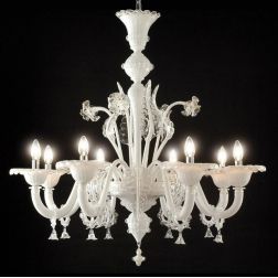 CANAL GRANDE LAMPADARIO 8 LUCI IN VETRO DI MURANO BIANCO LAVORATO A MANO FINITURE CRISTALLO MADE IN ITALY