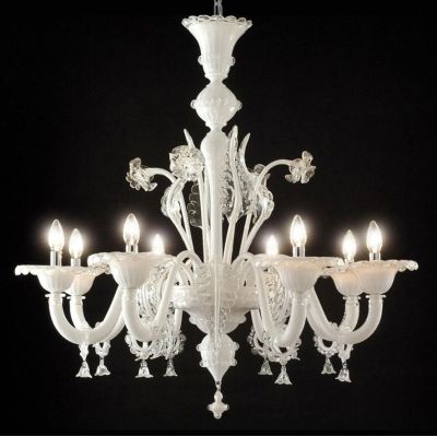 CANAL GRANDE LAMPADARIO 8 LUCI IN VETRO DI MURANO BIANCO LAVORATO A MANO FINITURE CRISTALLO MADE IN ITALY