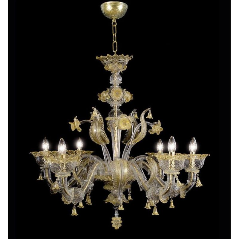 PAULY LAMPADARIO 6 LUCI IN VETRO DI MURANO LAVORATO A MANO CRISTALLO E ORO BRACCI REZZONICI MADE IN ITALY