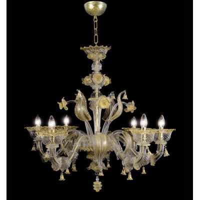PAULY LAMPADARIO 6 LUCI IN VETRO DI MURANO LAVORATO A MANO CRISTALLO E ORO BRACCI REZZONICI MADE IN ITALY