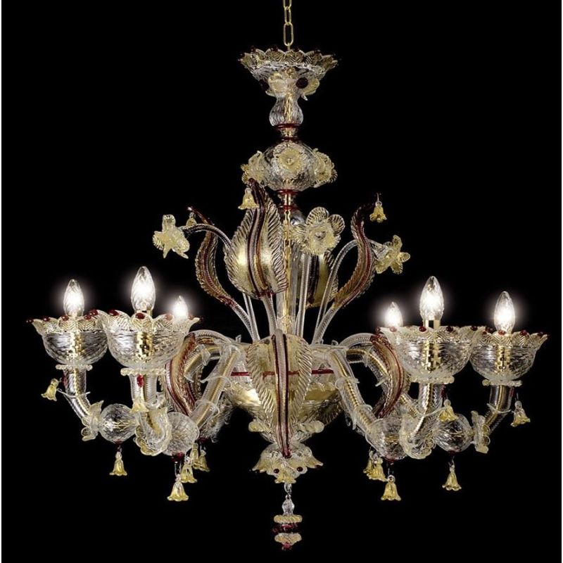 PAULY LAMPADARIO 6 LUCI IN VETRO DI MURANO LAVORATO A MANO RUBINO E ORO BRACCI REZZONICI MADE IN ITALY