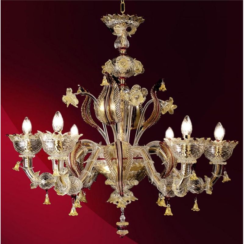 PAULY LAMPADARIO 6 LUCI IN VETRO DI MURANO LAVORATO A MANO RUBINO E ORO BRACCI REZZONICI MADE IN ITALY