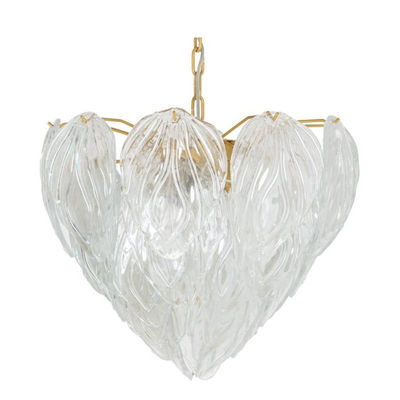FOGLIA CUORE LAMPADARIO 5 LUCI CON FOGLIE IN VETRO DI MURANO E STRUTTURA IN ORO ELEGANTE E MODERNO