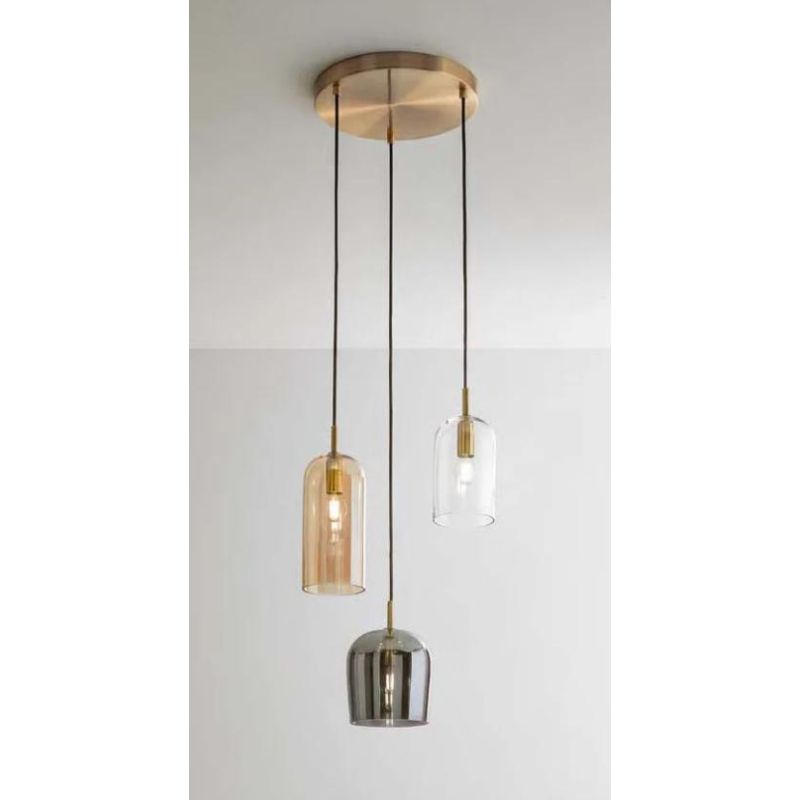 CORO SOSPENSIONE 3 LUCI OTTONE BRUNITO CON DIFFUSORI IN VETRO COLORATO LAMPADINE ATTACCO E14