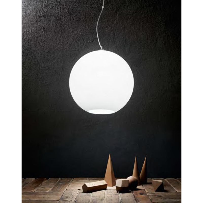 UFO SOSPENSIONE SINGOLA CON SFERA IN VETRO BIANCO APERTA 2 MISURE MODERNA LAMPADINA ATTACCO E27