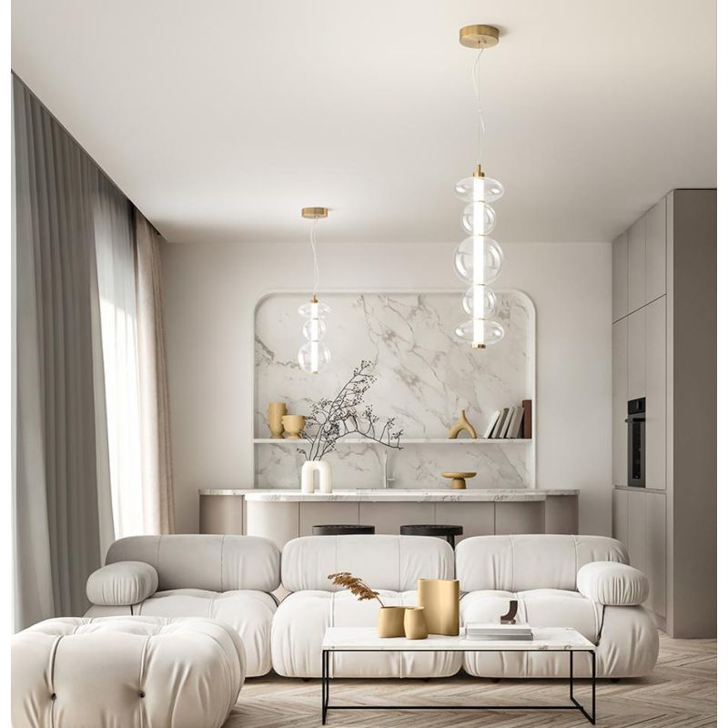 8163 BUBBLES SOSPENSIONE ORO CON VETRI TRASPARENTI LED 38W LUCE 3000K MONTAGGIO VERTICALE O ORIZZONTALE