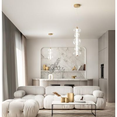 8163 BUBBLES SOSPENSIONE ORO CON VETRI TRASPARENTI LED 38W LUCE 3000K MONTAGGIO VERTICALE O ORIZZONTALE