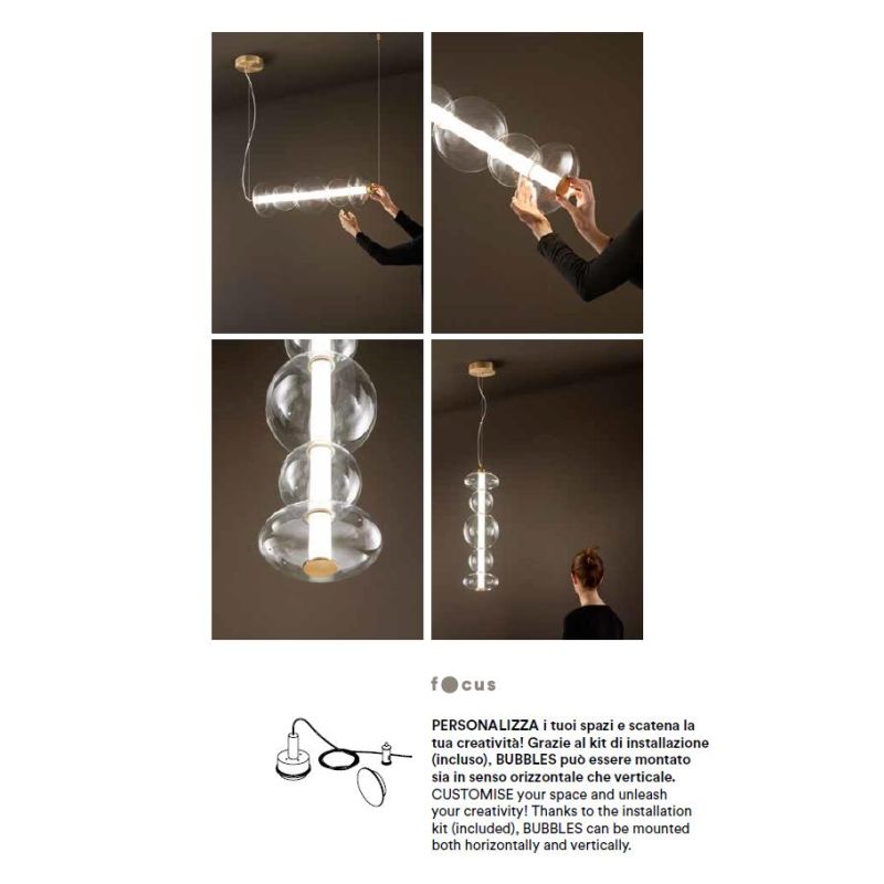 8163 BUBBLES SOSPENSIONE ORO CON VETRI TRASPARENTI LED 38W LUCE 3000K MONTAGGIO VERTICALE O ORIZZONTALE