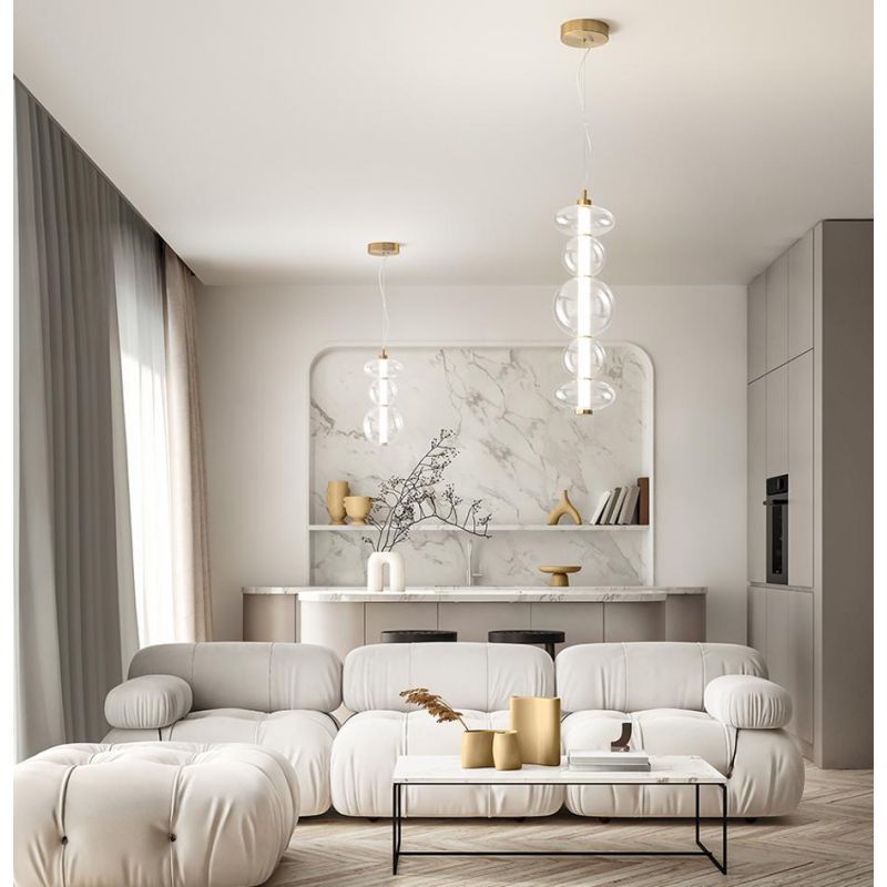 8162 BUBBLES SOSPENSIONE ORO CON VETRI TRASPARENTI LED 24W LUCE 3000K MONTAGGIO VERTICALE O ORIZZONTALE