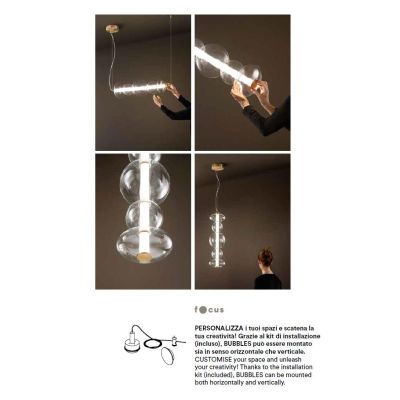 8164 BUBBLES SOSPENSIONE ORO CON VETRI TRASPARENTI LED 50W LUCE 3000K MONTAGGIO VERTICALE O ORIZZONTALE