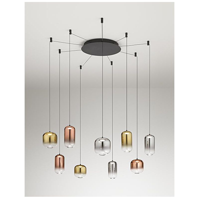 8159 HUNTER SOSPENSIONE DECENTRATA LED 45W LUCE 3000K CON 9 LUCI IN VETRO SPECCHIATO COLORATO MODERNO