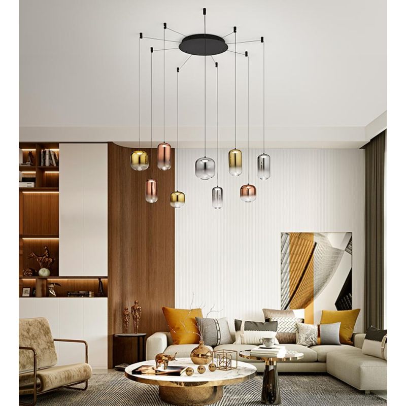 8159 HUNTER SOSPENSIONE DECENTRATA LED 45W LUCE 3000K CON 9 LUCI IN VETRO SPECCHIATO COLORATO MODERNO