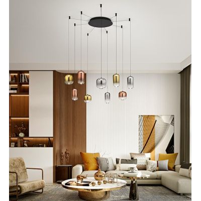 8159 HUNTER SOSPENSIONE DECENTRATA LED 45W LUCE 3000K CON 9 LUCI IN VETRO SPECCHIATO COLORATO MODERNO