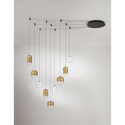 8159 HUNTER SOSPENSIONE DECENTRATA LED 45W LUCE 3000K CON 9 LUCI IN VETRO TRASPARENTE E ORO SPECCHIATO MODERNO 2