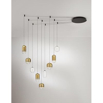 8159 HUNTER SOSPENSIONE DECENTRATA LED 45W LUCE 3000K CON 9 LUCI IN VETRO TRASPARENTE E ORO SPECCHIATO MODERNO