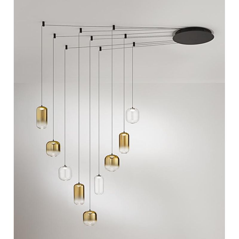 8159 HUNTER SOSPENSIONE DECENTRATA LED 45W LUCE 3000K CON 9 LUCI IN VETRO TRASPARENTE E ORO SPECCHIATO MODERNO