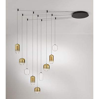 8159 HUNTER SOSPENSIONE DECENTRATA LED 45W LUCE 3000K CON 9 LUCI IN VETRO TRASPARENTE E ORO SPECCHIATO MODERNO