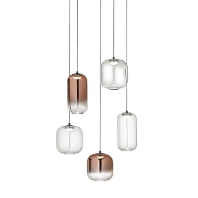 8158 HUNTER SOSPENSIONE CON DECENTRO LED 25W LUCE 3000K CON 5 LUCI IN VETRO TRASPARENTE E RAME SPECCHIATO MODERNO