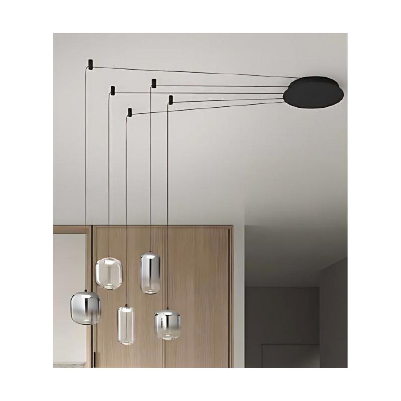 8158 HUNTER SOSPENSIONE CON DECENTRO LED 25W LUCE 3000K CON 5 LUCI IN VETRO TRASPARENTE E FUME SPECCHIATO MODERNO