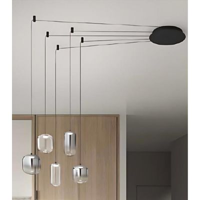 8158 HUNTER SOSPENSIONE CON DECENTRO LED 25W LUCE 3000K CON 5 LUCI IN VETRO TRASPARENTE E FUME SPECCHIATO MODERNO