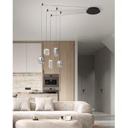 8158 HUNTER SOSPENSIONE CON DECENTRO LED 25W LUCE 3000K CON 5 LUCI IN VETRO TRASPARENTE E FUME SPECCHIATO MODERNO 2