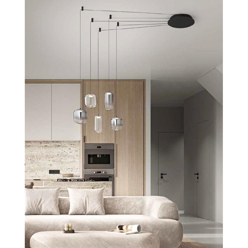 8158 HUNTER SOSPENSIONE CON DECENTRO LED 25W LUCE 3000K CON 5 LUCI IN VETRO TRASPARENTE E FUME SPECCHIATO MODERNO