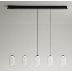 8160 HUNTER SOSPENSIONE LINEARE NERA LED 25W LUCE 3000K CON 5 LUCI DIFFUSORI IN VETRO TRASPARENTE MODERNA