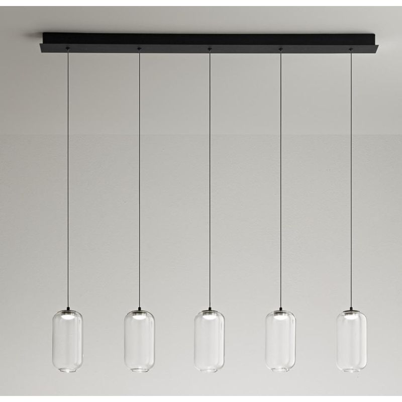 8160 HUNTER SOSPENSIONE LINEARE NERA LED 25W LUCE 3000K CON 5 LUCI DIFFUSORI IN VETRO TRASPARENTE MODERNA