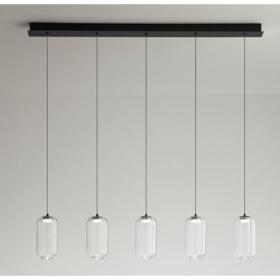 8160 HUNTER SOSPENSIONE LINEARE NERA LED 25W LUCE 3000K CON 5 LUCI DIFFUSORI IN VETRO TRASPARENTE MODERNA