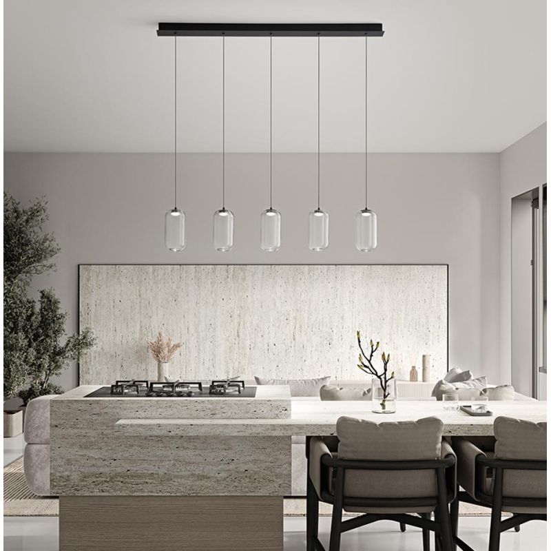 8160 HUNTER SOSPENSIONE LINEARE NERA LED 25W LUCE 3000K CON 5 LUCI DIFFUSORI IN VETRO TRASPARENTE MODERNA