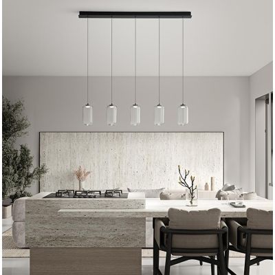 8160 HUNTER SOSPENSIONE LINEARE NERA LED 25W LUCE 3000K CON 5 LUCI DIFFUSORI IN VETRO TRASPARENTE MODERNA