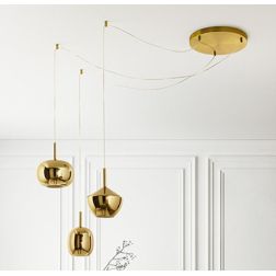 RAIN SOSPENSIONE 3 LUCI DECENTRATA IN OTTONE BRUNITO CON DIFFUSORI IN VETRO ORO SPECCHIATO MODERNA