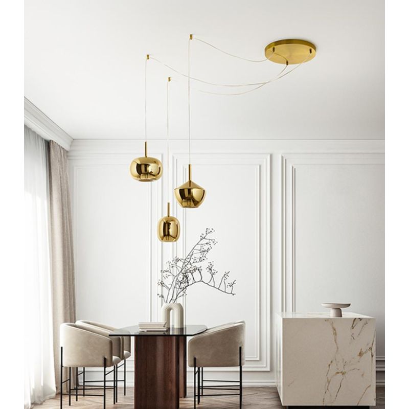 RAIN SOSPENSIONE 3 LUCI DECENTRATA IN OTTONE BRUNITO CON DIFFUSORI IN VETRO ORO SPECCHIATO MODERNA