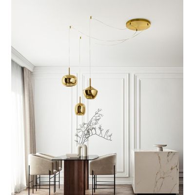 RAIN SOSPENSIONE 3 LUCI DECENTRATA IN OTTONE BRUNITO CON DIFFUSORI IN VETRO ORO SPECCHIATO MODERNA