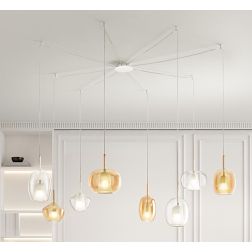 RAIN SOSPENSIONE 8 LUCI DECENTRATA STRUTTURA BIANCA CON DIFFUSORI IN VETRO AMBRA E TRASPARENTE MODERNA