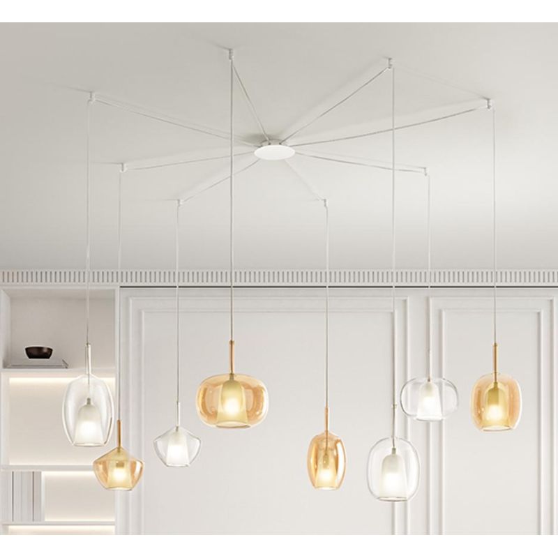 RAIN SOSPENSIONE 8 LUCI DECENTRATA STRUTTURA BIANCA CON DIFFUSORI IN VETRO AMBRA E TRASPARENTE MODERNA