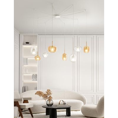 RAIN SOSPENSIONE 8 LUCI DECENTRATA STRUTTURA BIANCA CON DIFFUSORI IN VETRO AMBRA E TRASPARENTE MODERNA