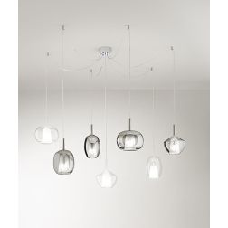 RAIN SOSPENSIONE 7 LUCI DECENTRATA STRUTTURA CROMO CON DIFFUSORI IN VETRO FUME E TRASPARENTE MODERNA 2