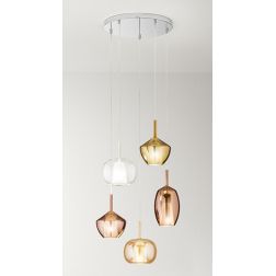 RAIN SOSPENSIONE ROTONDA 5 LUCI BASE CROMO CON DIFFUSORI IN VETRO TRASPARENTE, ORO E RAME MODERNA