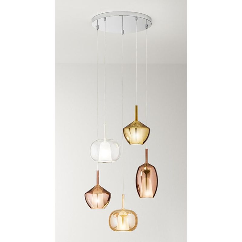 RAIN SOSPENSIONE ROTONDA 5 LUCI BASE CROMO CON DIFFUSORI IN VETRO TRASPARENTE, ORO E RAME MODERNA