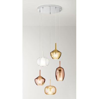 RAIN SOSPENSIONE ROTONDA 5 LUCI BASE CROMO CON DIFFUSORI IN VETRO TRASPARENTE, ORO E RAME MODERNA