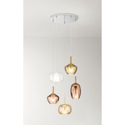 RAIN SOSPENSIONE ROTONDA 5 LUCI BASE CROMO CON DIFFUSORI IN VETRO TRASPARENTE, ORO E RAME MODERNA 2