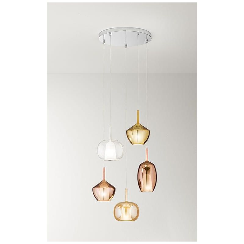 RAIN SOSPENSIONE ROTONDA 5 LUCI BASE CROMO CON DIFFUSORI IN VETRO TRASPARENTE, ORO E RAME MODERNA