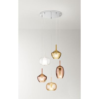 RAIN SOSPENSIONE ROTONDA 5 LUCI BASE CROMO CON DIFFUSORI IN VETRO TRASPARENTE, ORO E RAME MODERNA
