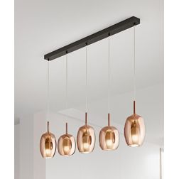 RAIN SOSPENSIONE LINEARE 5 LUCI BASE NERA CON DIFFUSORI IN VETRO RAME SPECCHIATO MODERNA