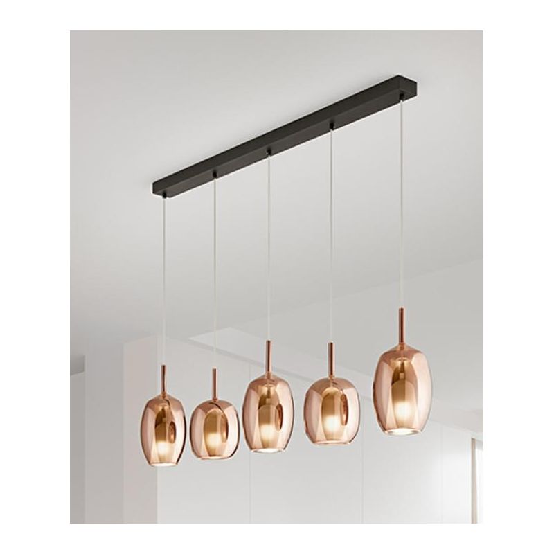 RAIN SOSPENSIONE LINEARE 5 LUCI BASE NERA CON DIFFUSORI IN VETRO RAME SPECCHIATO MODERNA